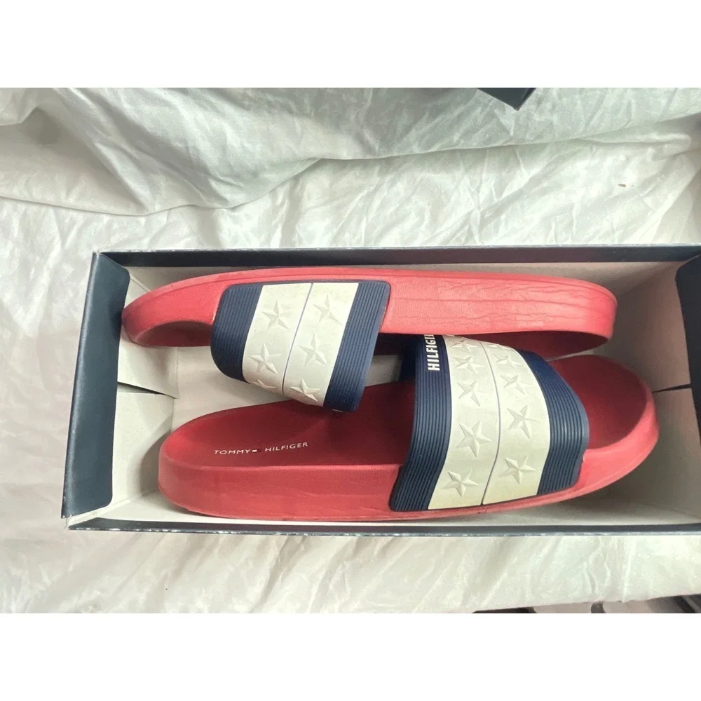 Tommy Hilfiger Red Slides Sandals Stars Flag Print Men's Size 8